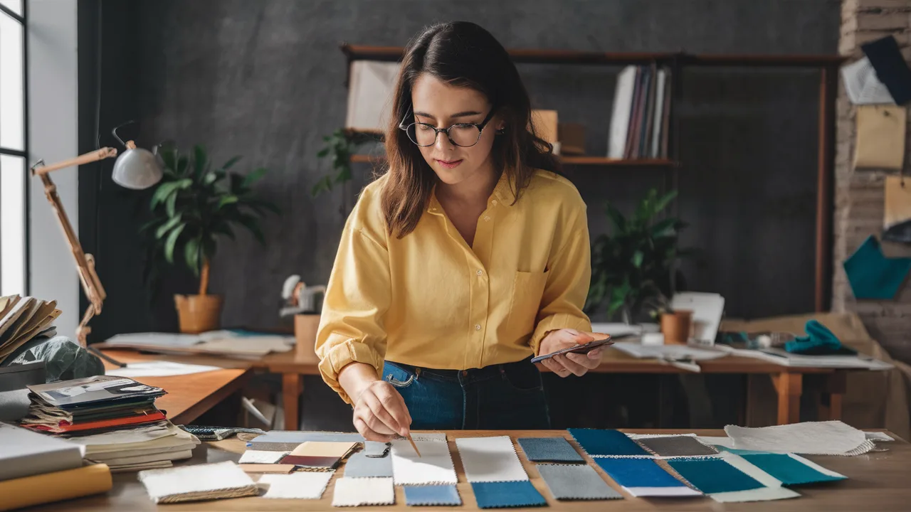 Choosing fabrics at a textile workshop